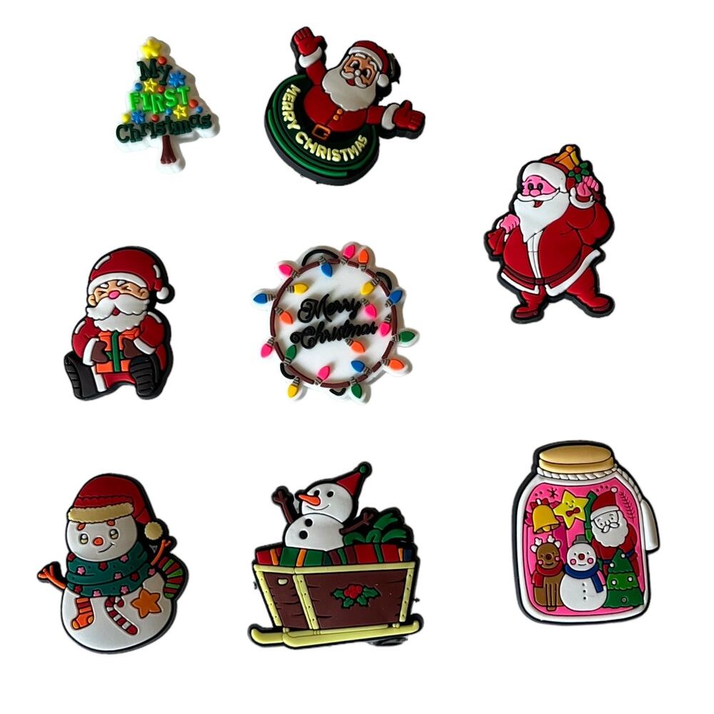 NEW Christmas SHOE CHARMS 8pc for Croc Shoes Zippers Santa Sleigh Snowman Tree